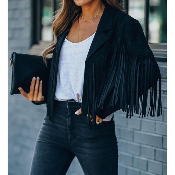 Women's Black Trendy Fall Western Fringe Cropped Faux Suede Leather Jackets - Picture 4 of 6